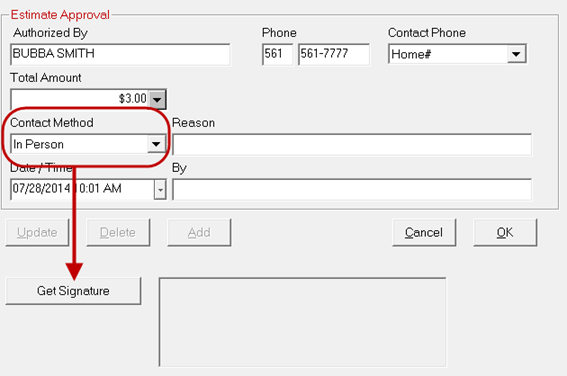 In Person selected as the Contact Method and the Get Signature button at the bottom of the window.